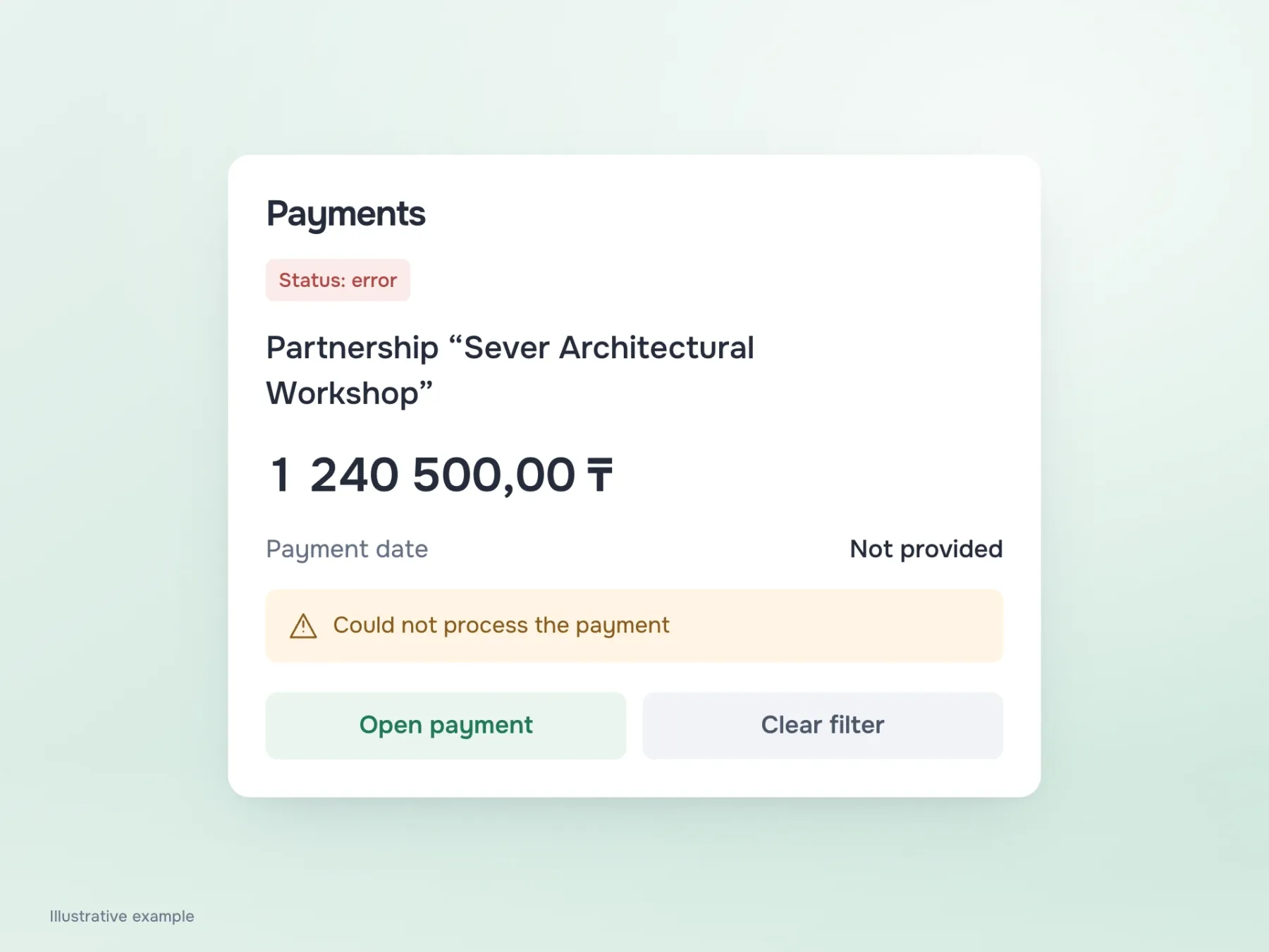 An edge-case check: the long recipient name wraps, 1,240,500 tenge is not clipped, the missing date is stated explicitly, and the payment error and active filter remain visible.