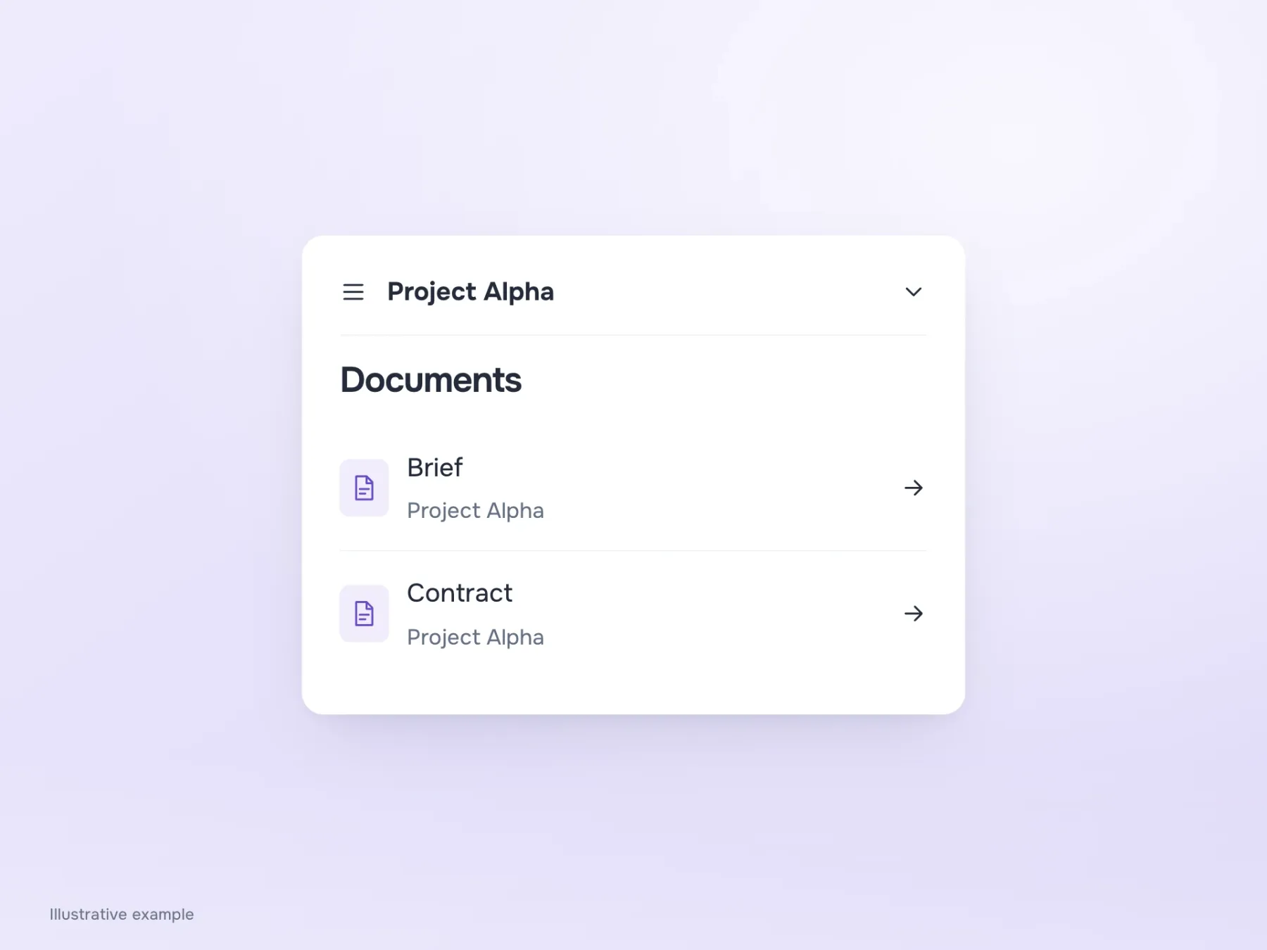 On a narrow screen, the menu is closed but Project Alpha remains in the header above the document list. A direct arrival still has context.
