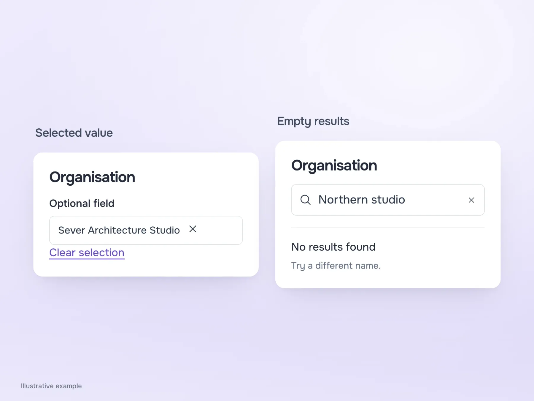 Two organisation-search states: a long selected name with a clear-selection action, and empty results that retain the query.
