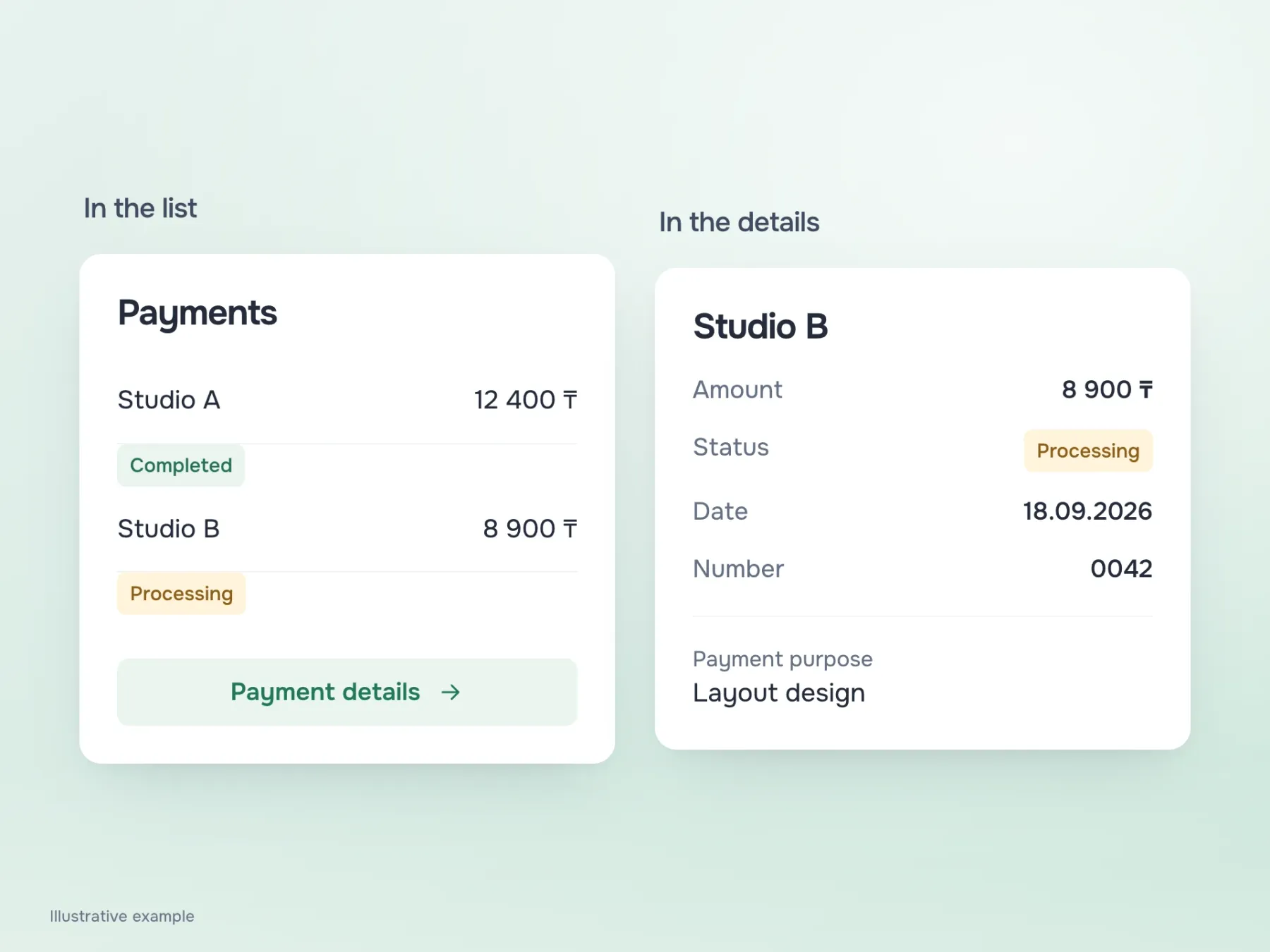 The mobile list retains each payment's recipient, amount and status. Payment details reveals its date, number and purpose.