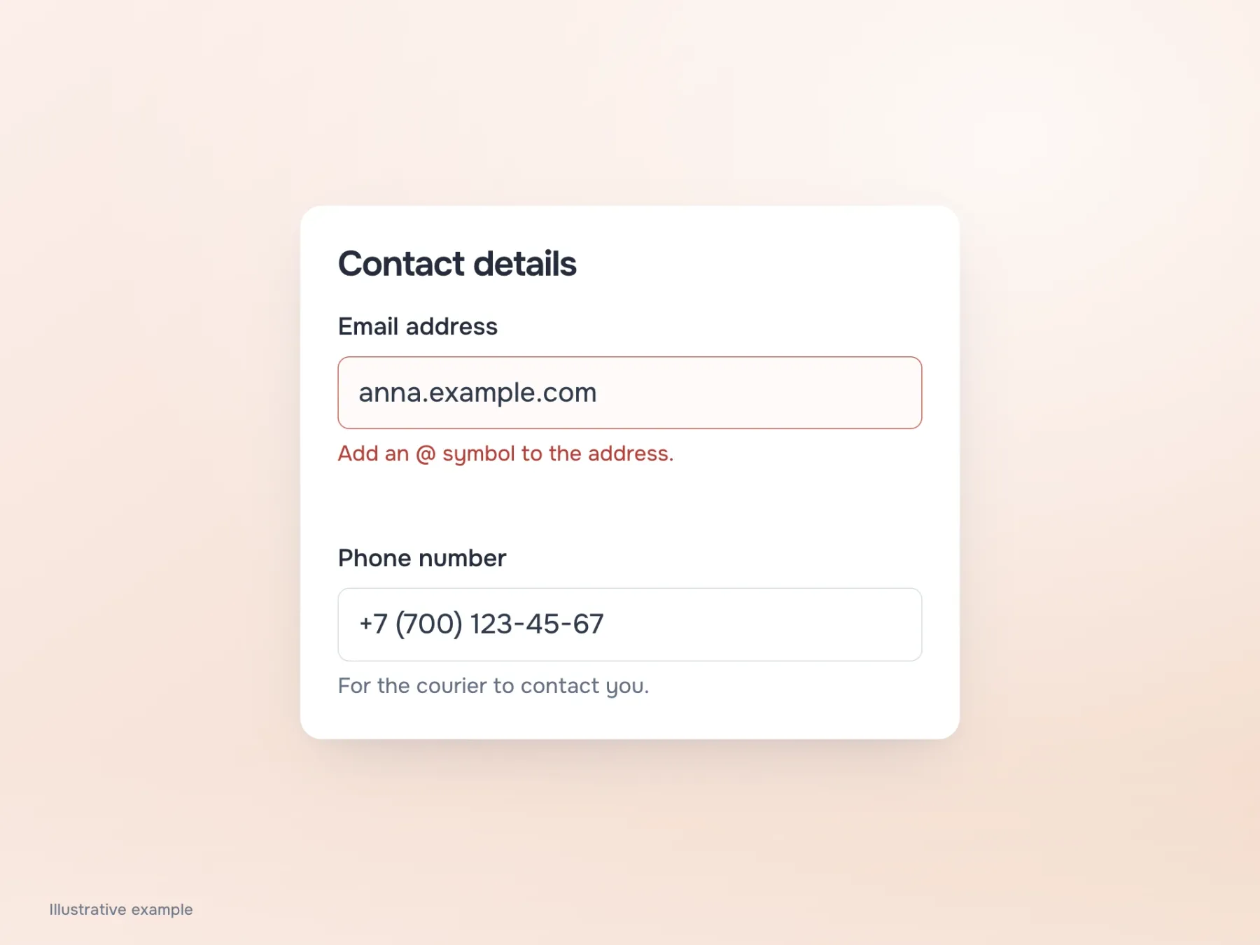 The error sits next to the email field. A larger gap separates that entire group from the next Phone number field.