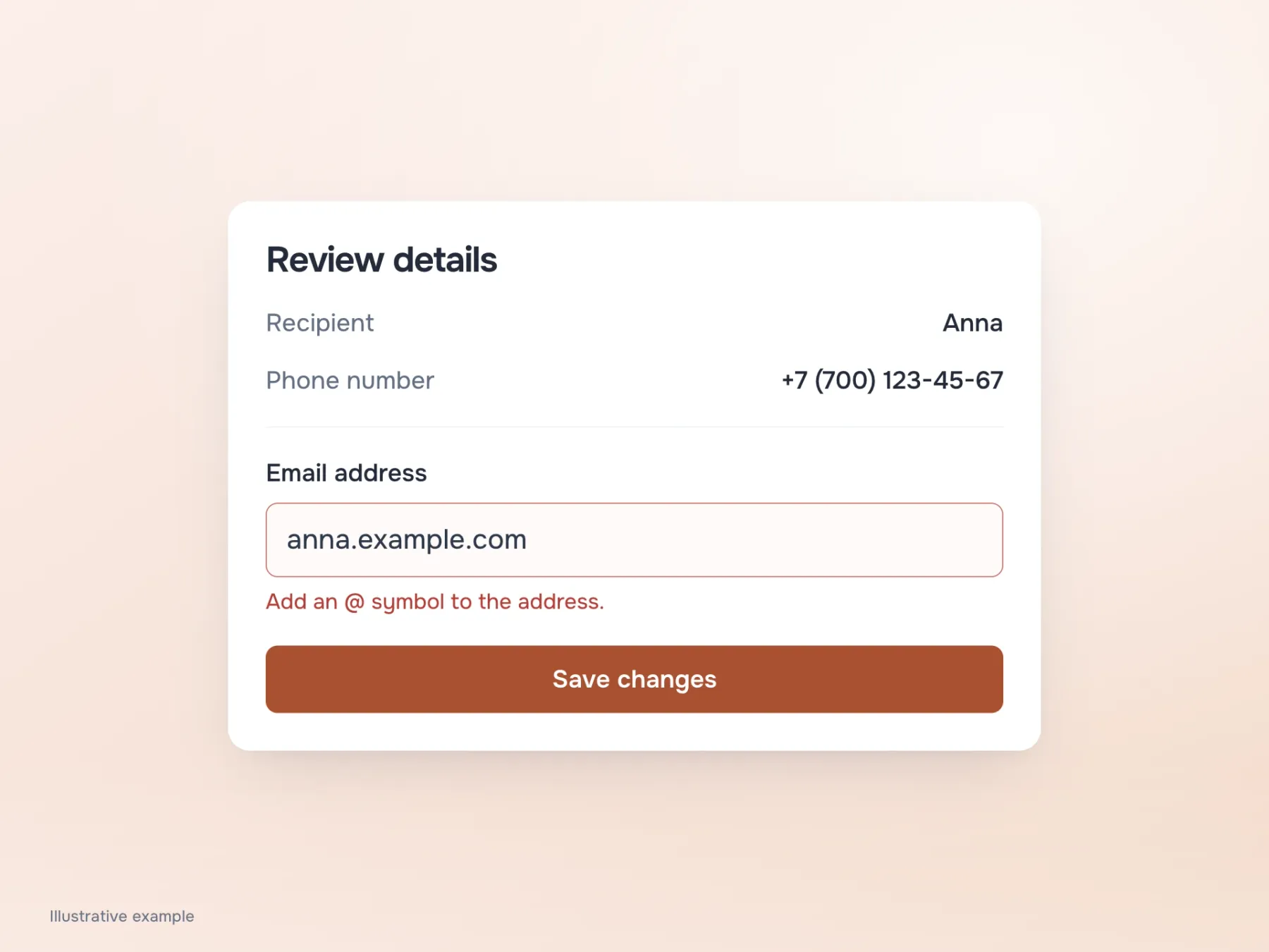 During review, the completed recipient and phone values retain their labels. The editable email field keeps its label and a specific error message.