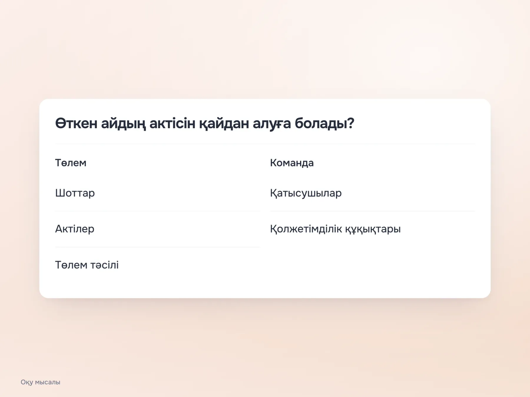 Сынаққа арналған бөлімдер ағашында тек атаулар бар, белгішелер мен түсті көмек жоқ. Міндет: өткен айдың актісін табу.