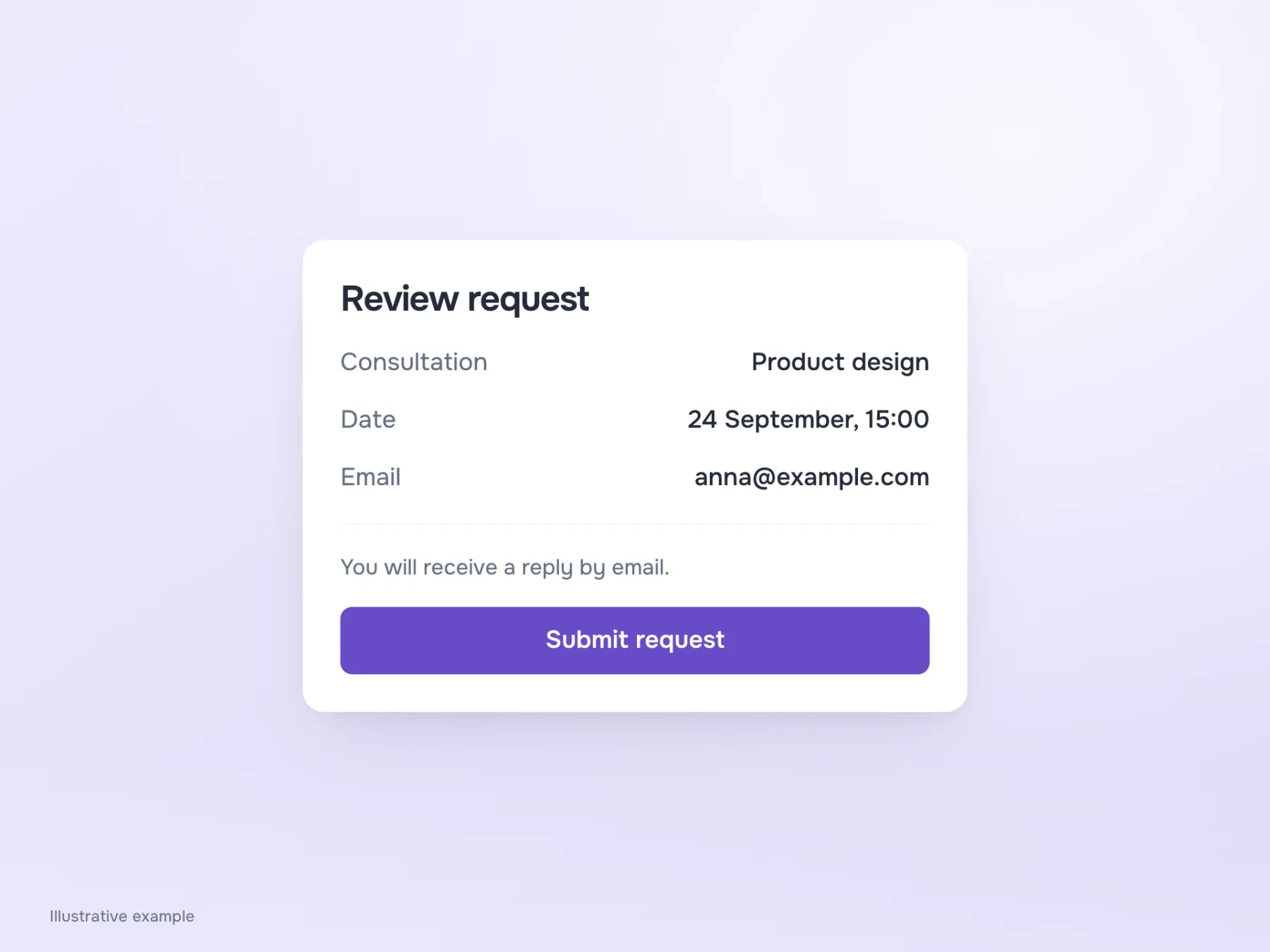 Request details and the reply method sit above the short Submit request button, rather than inside its label.