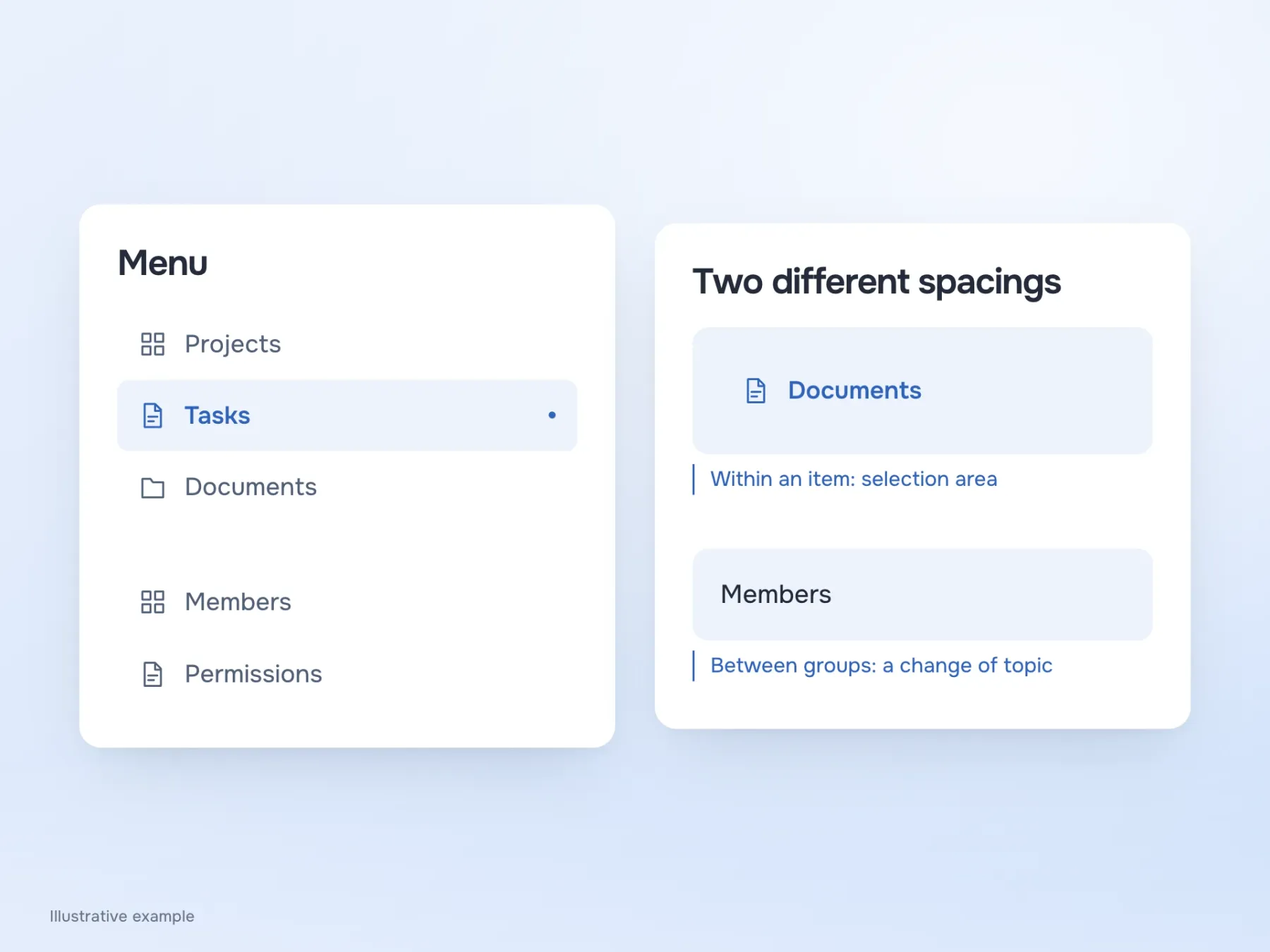 Menu items share the same height and padding. A larger gap before Members and Permissions separates team settings from work sections.