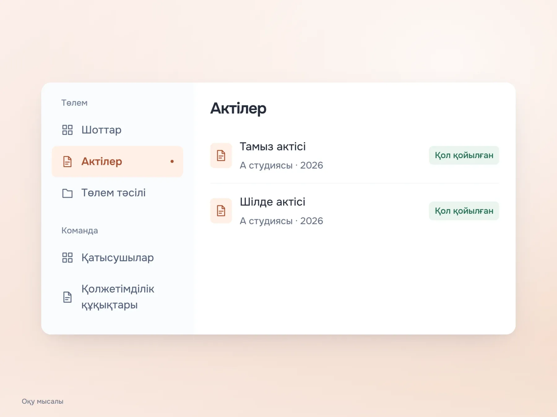 Бөлімдер клиенттің міндеттері бойынша топталған: шоттар, актілер және төлем тәсілі «Төлем» тобына, қатысушылар мен қолжетімділік құқықтары «Команда» тобына кіреді.