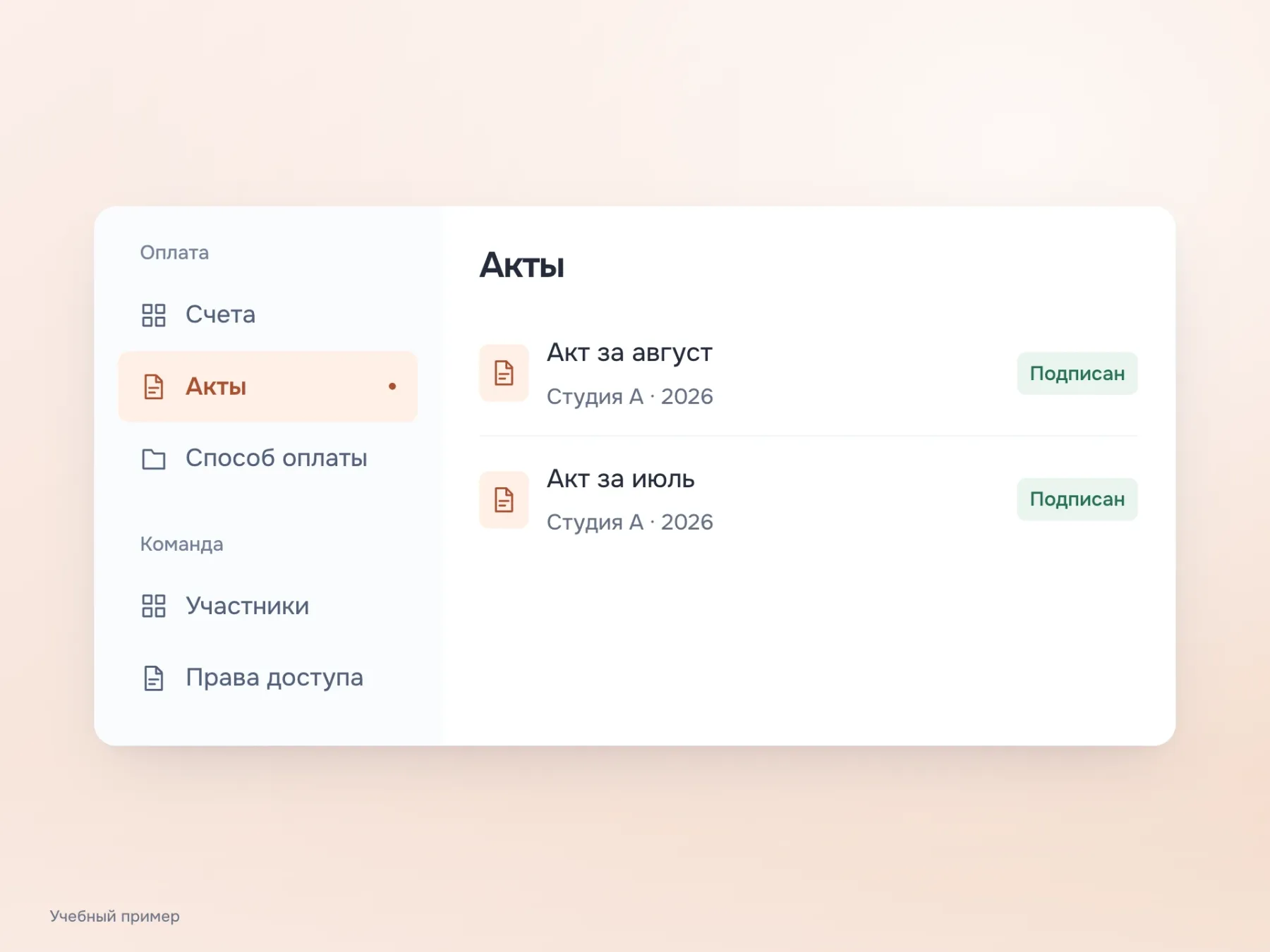 Разделы сгруппированы по задачам клиента: счета, акты и способ оплаты входят в «Оплату», а участники и права доступа в «Команду».