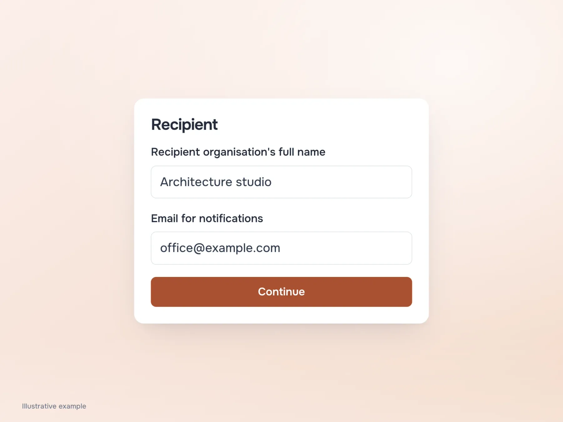 In a narrow form, long labels sit above the fields and can wrap, leaving the full field width for the organisation name and email.