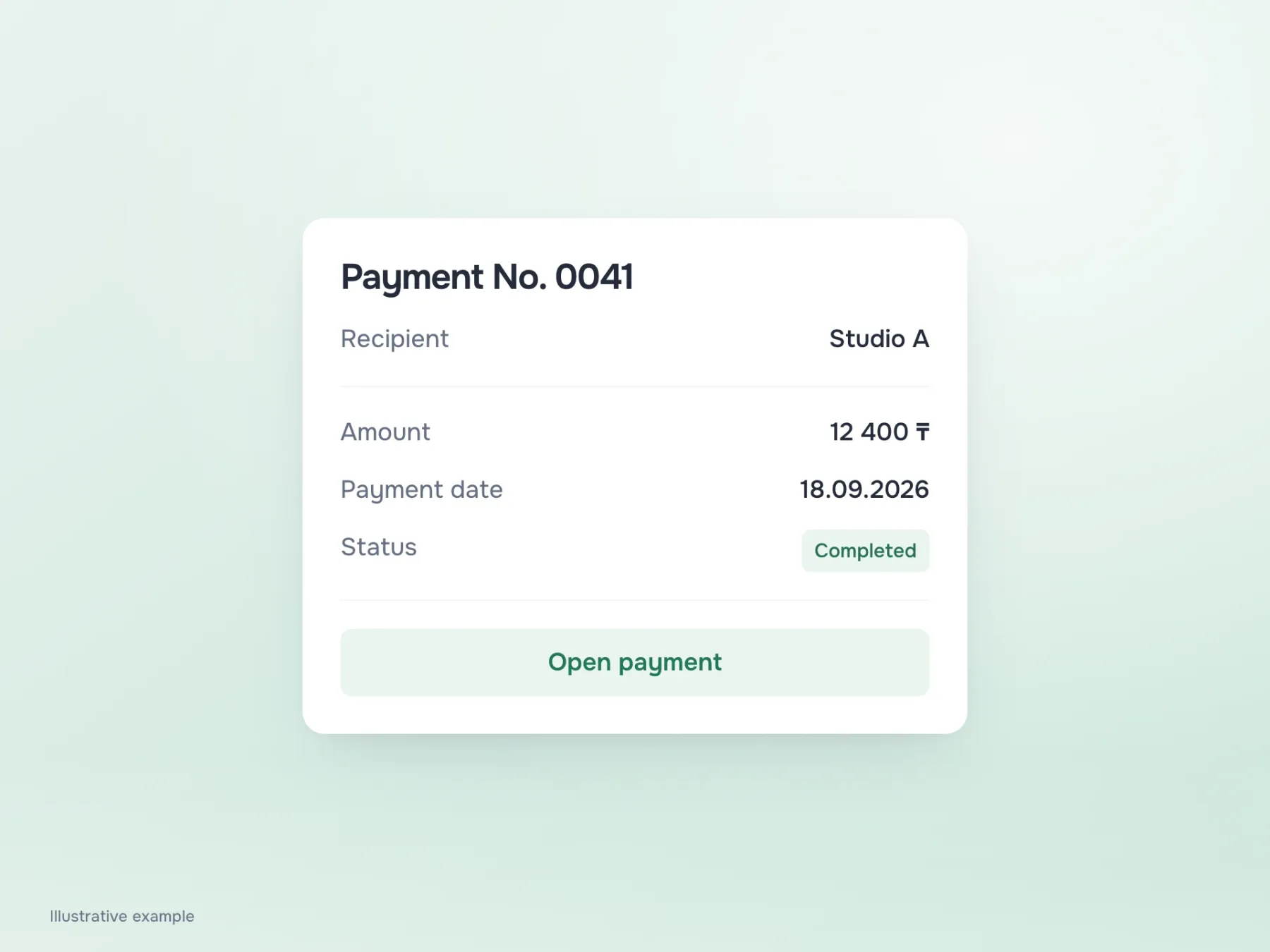 The vertical card keeps every value labelled: Studio A as recipient, 12,400 tenge, payment date of 18 September 2026 and Completed status.