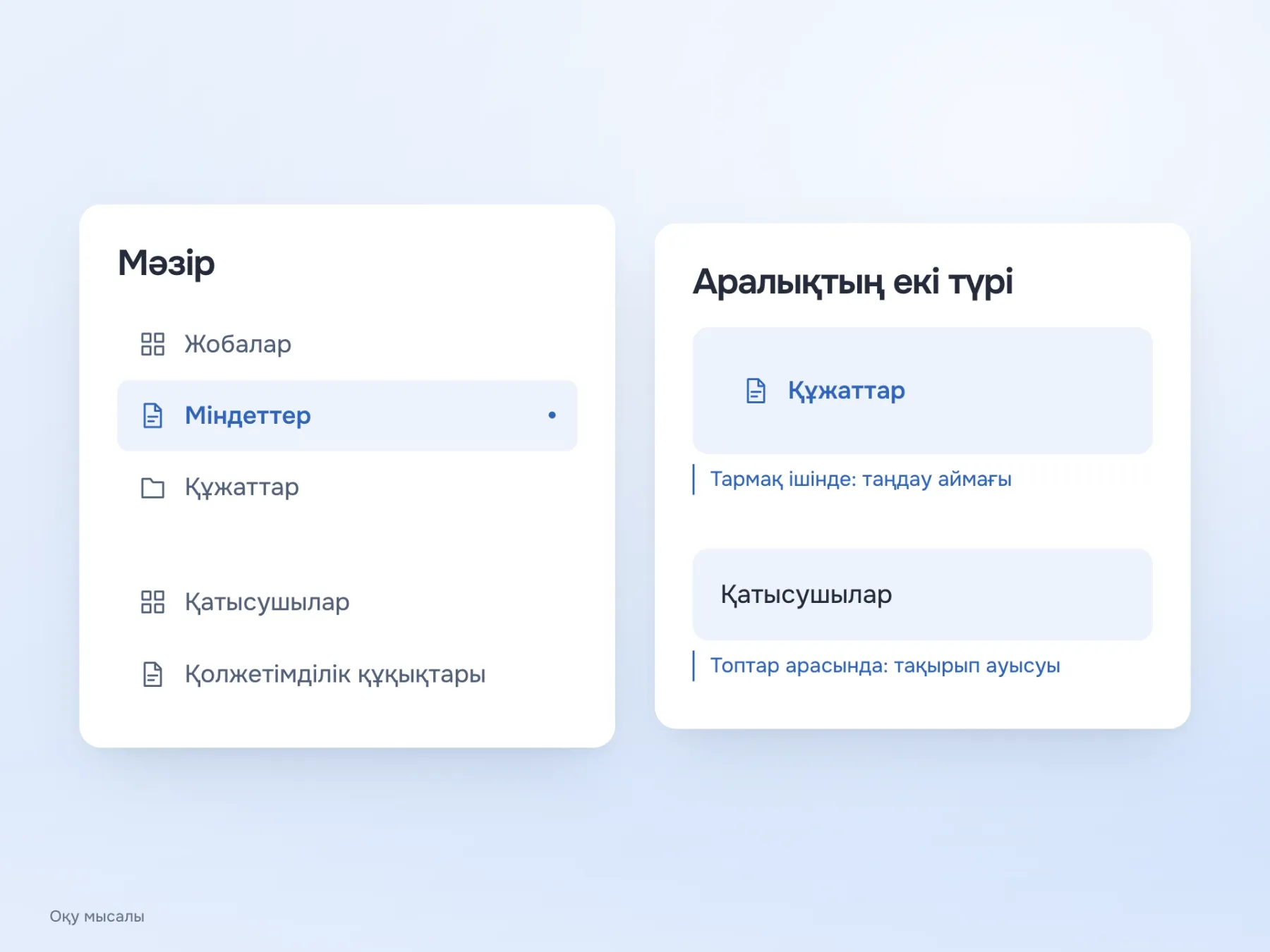 Мәзір тармақтарының биіктігі мен ішкі аралықтары бірдей. Қатысушылар мен қолжетімділік құқықтарының алдындағы үлкенірек аралық команда баптауларын жұмыс бөлімдерінен бөледі.