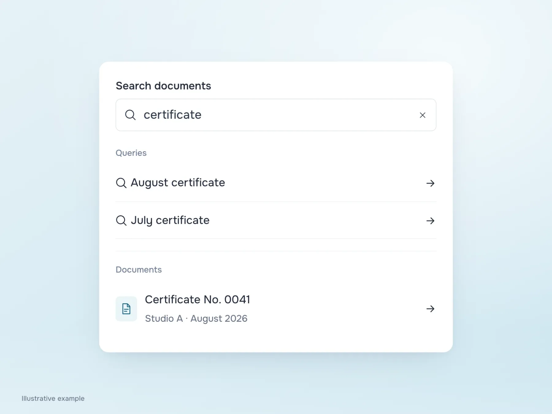 Suggestions separate query completions, August certificate and July certificate, from the specific Certificate No. 0041 document. The result type is clear before selection.