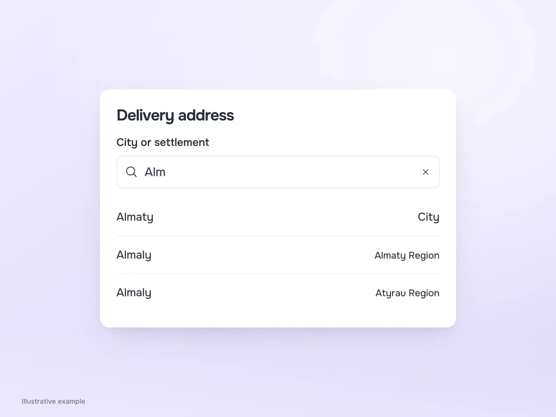 A settlement search starts with Alm. Two places named Almaly are distinguished by their regional labels.