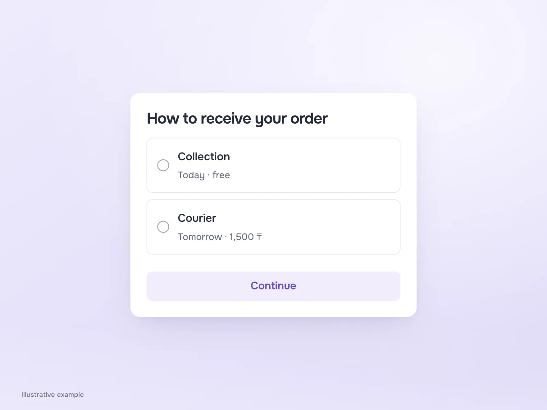 Radio buttons reveal both delivery options with price and timing: free collection today or a courier tomorrow for 1,500 tenge. Neither is preselected.