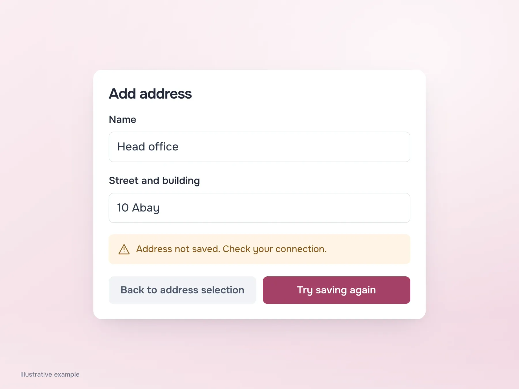 If saving fails, the entered name and address stay in the form. The interface does not claim success and offers another save attempt or a return.