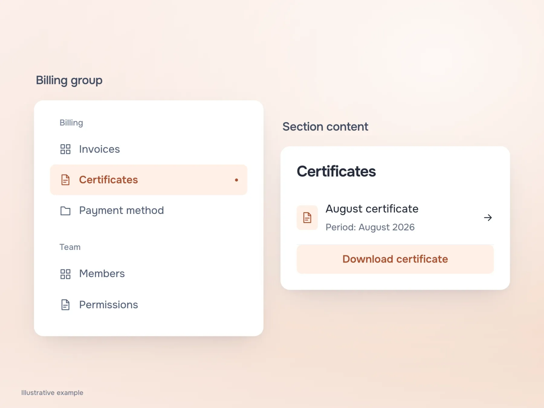 Choosing Certificates under Billing opens certificates for a named period with a download action. Labels match their content.