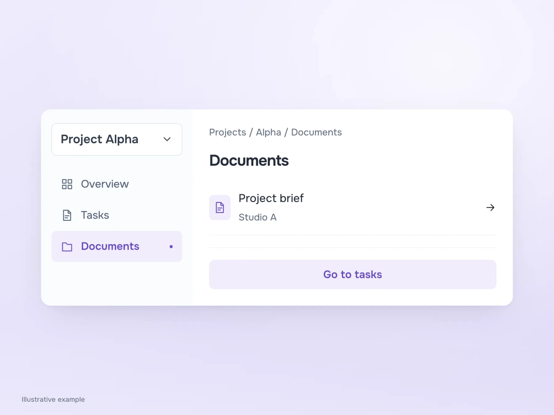 Breadcrumbs show Projects / Alpha / Documents. The sidebar keeps the neighbouring Tasks section of the same project accessible.