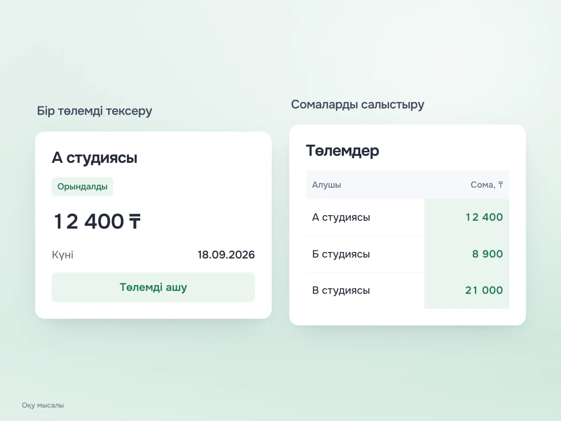 Бір деректің екі көрінісі. А студиясының карточкасында 12 400 теңге, күн мен мәртебе бірге берілген. Кестеде салыстыру үшін үш төлемнің сомасы бір бағанға тураланған.