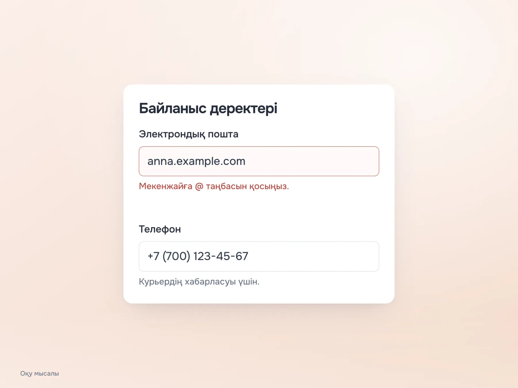 Қате туралы хабарлама электрондық пошта өрісінің жанында тұр. Үлкенірек аралық осы топты келесі «Телефон» өрісінен ажыратады.
