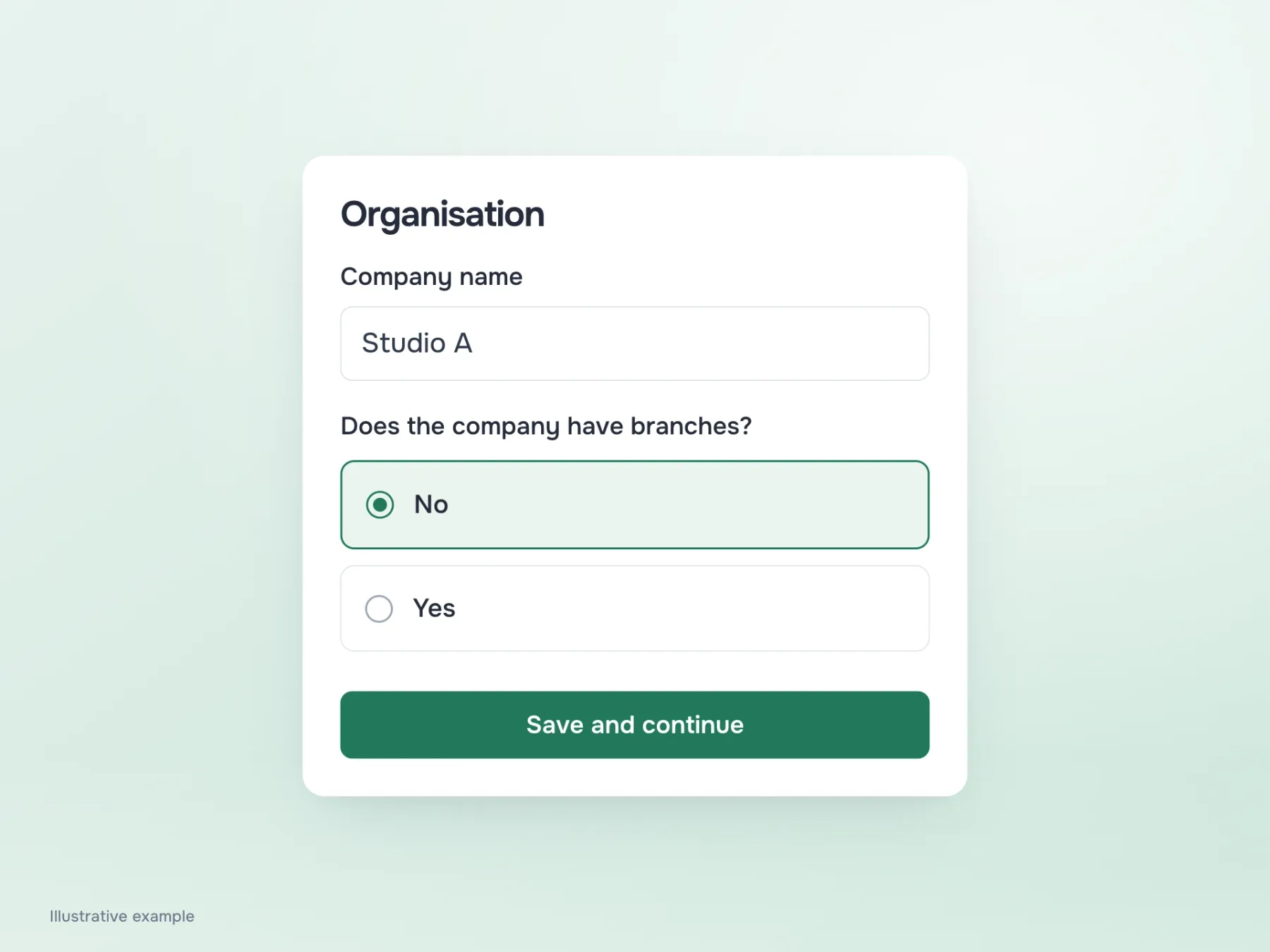 The request asks whether the company has branches. Choosing No removes branch-detail fields so the company avoids an irrelevant section.