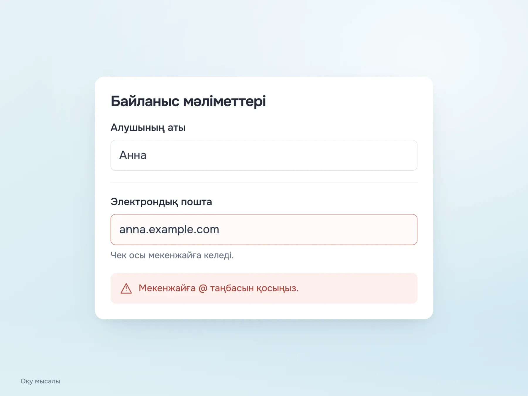 Толтырылған ат өрісінде атауын қайталайтын көмекші мәтін жоқ. Пошта өрісінде чек туралы пайдалы түсініктеме мен мекенжайды түзету нұсқауы сақталған.
