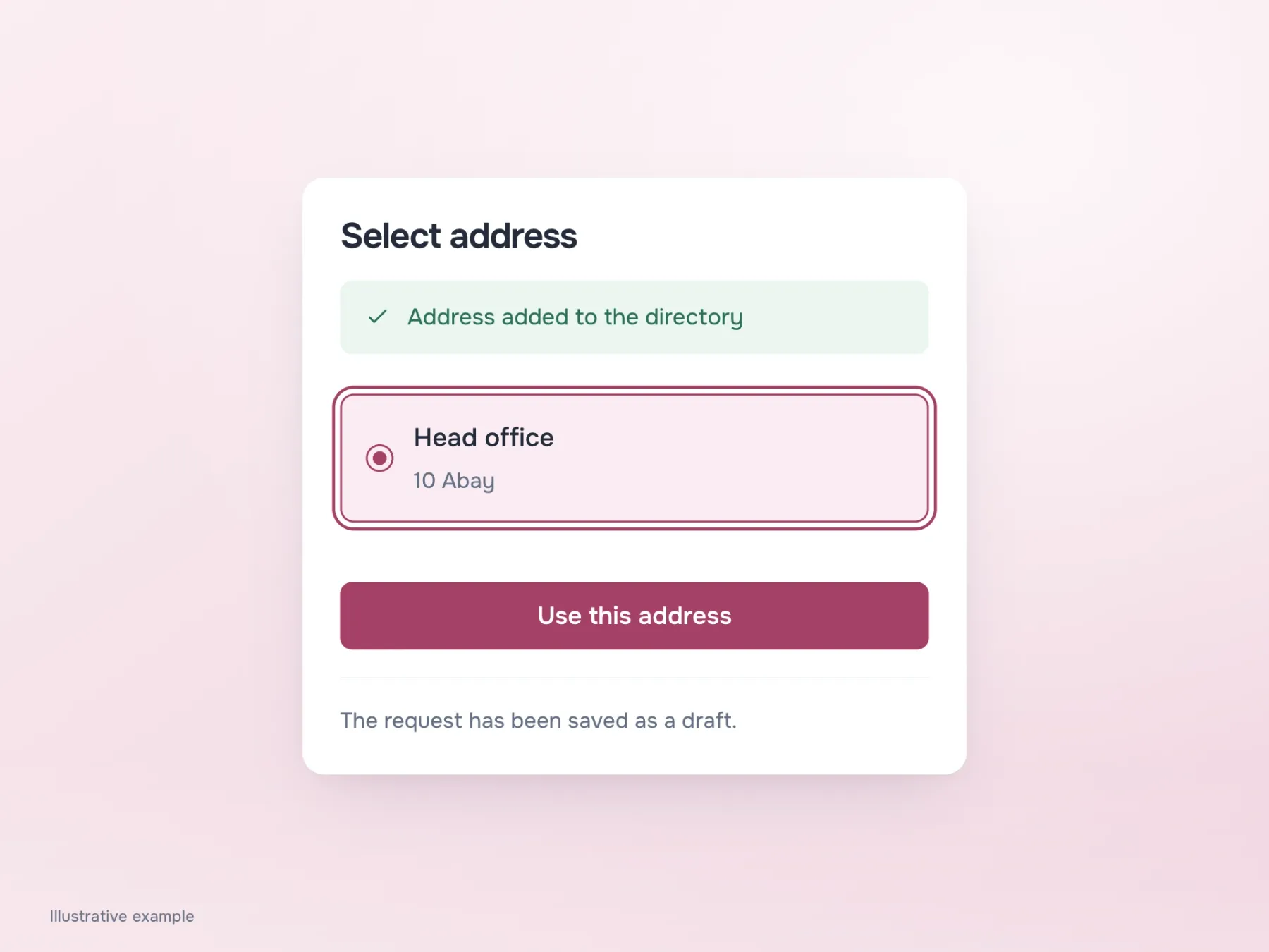 The new address becomes available after adding it. Head office is selected, the keyboard focus is visible and the saved request draft remains accessible.