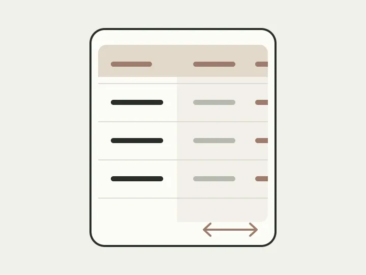 A table in a narrow viewport: the first column stays fixed while the rest scroll horizontally.