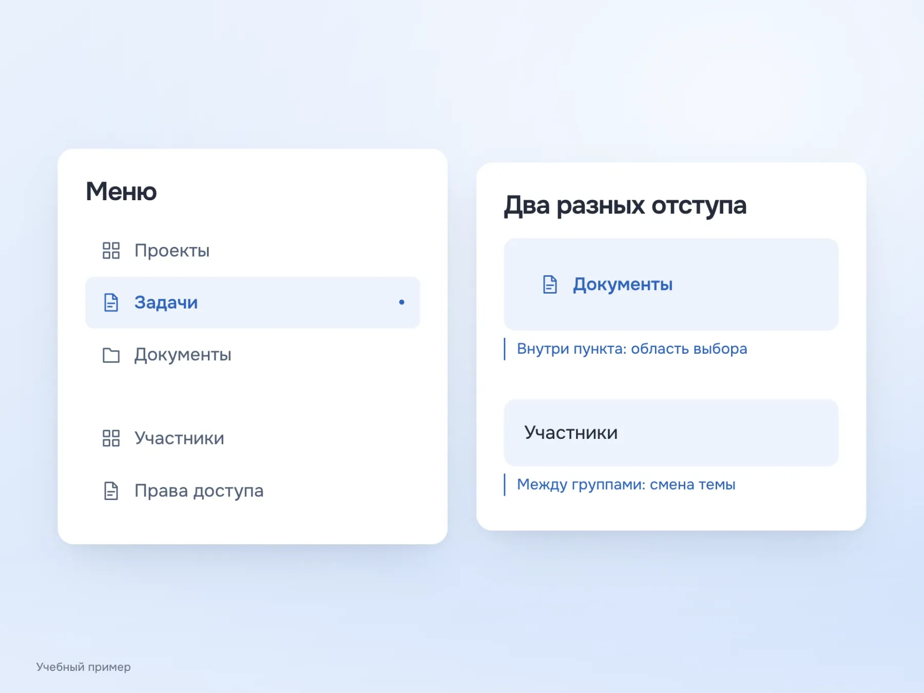 У пунктов одинаковая высота и внутренние отступы. Более крупный промежуток перед участниками и правами доступа отделяет настройки команды от рабочих разделов.