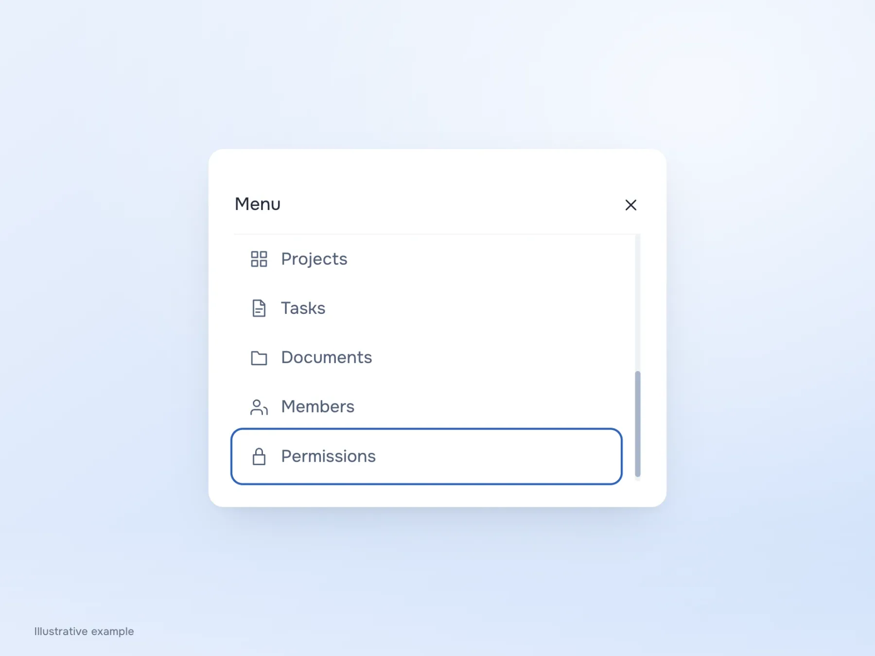 A short menu scrolls to the final Permissions item. It is fully visible and has a clear keyboard focus outline.