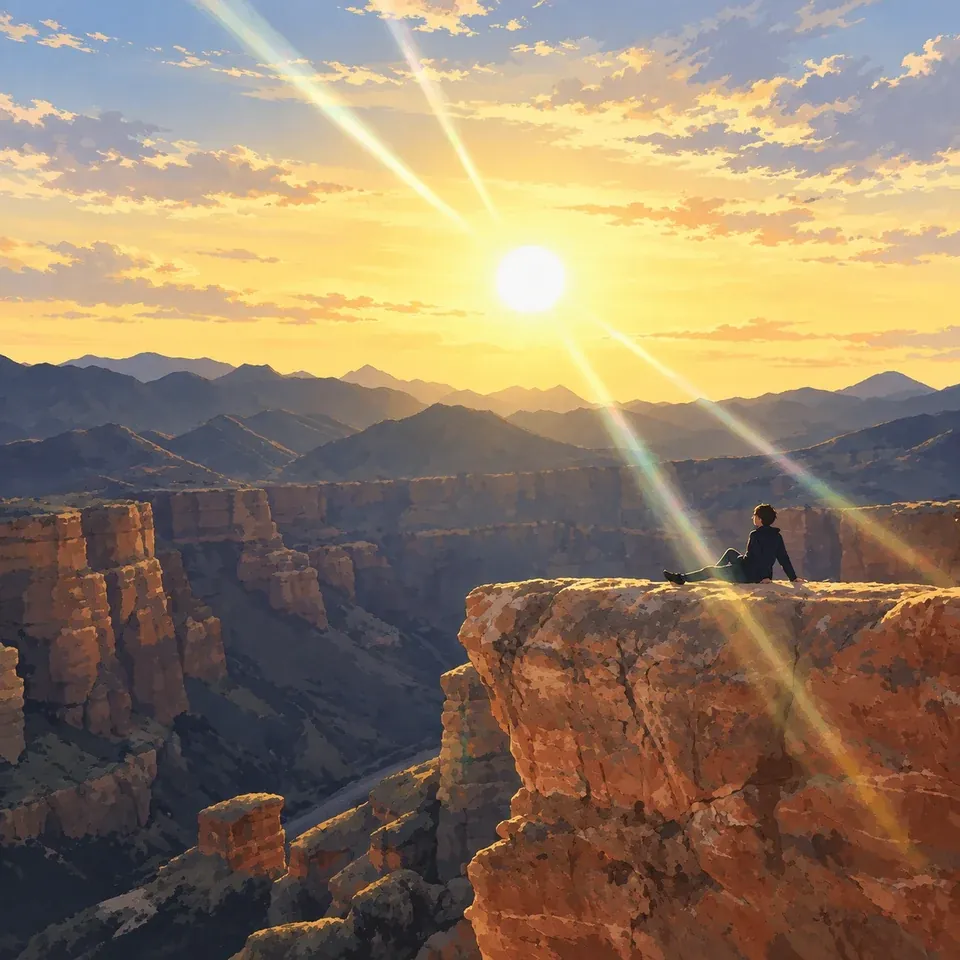 Sagi sitting on a rock above the canyon at sunset.