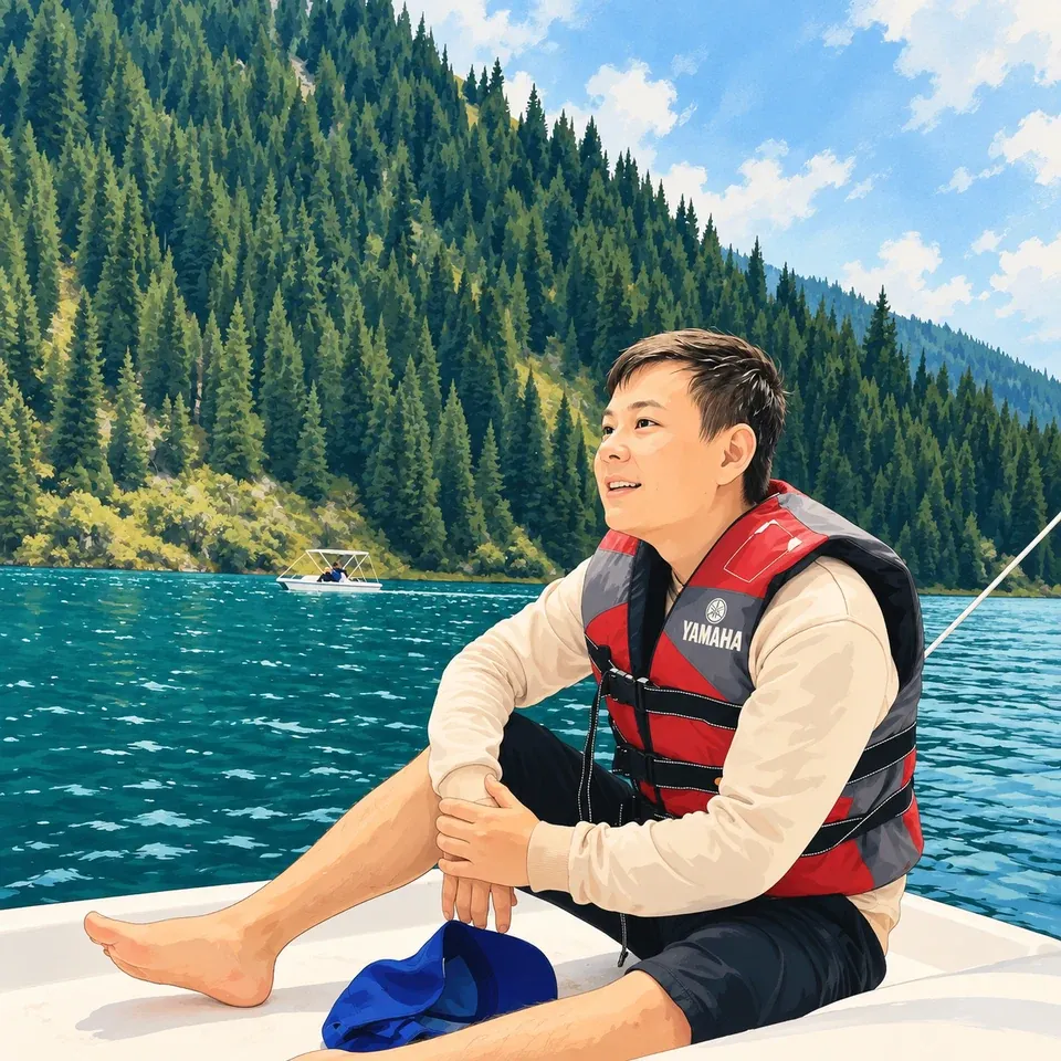 Sagi wearing a life jacket on a boat beside a forested lakeshore.