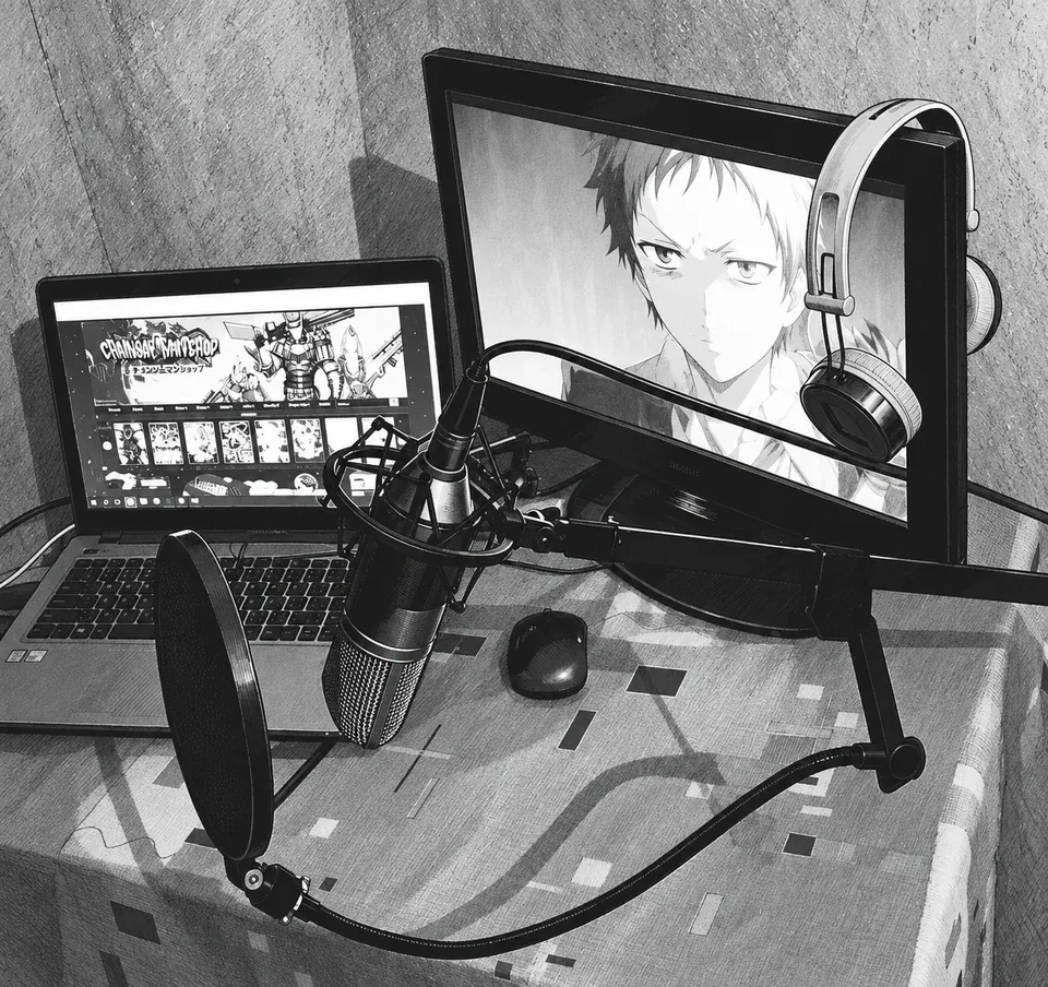 A home desk with a microphone, laptop and anime on the monitor.