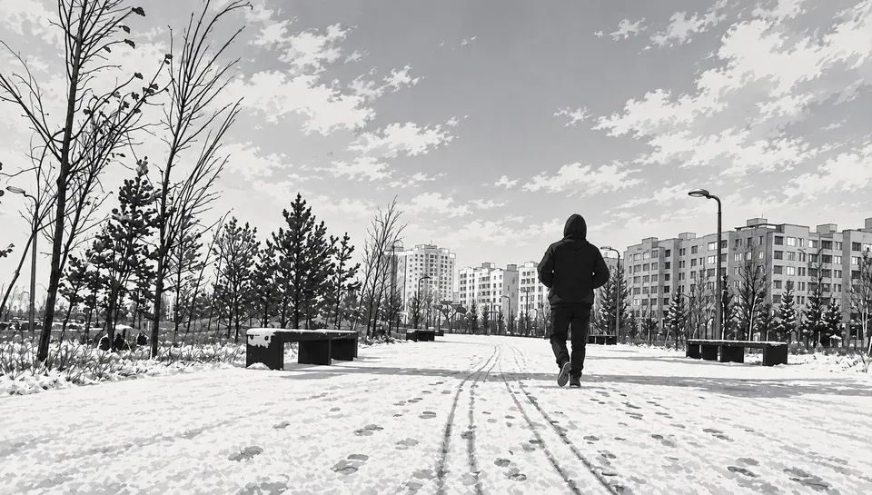 A black-and-white photograph of a walk through a snowy city park.