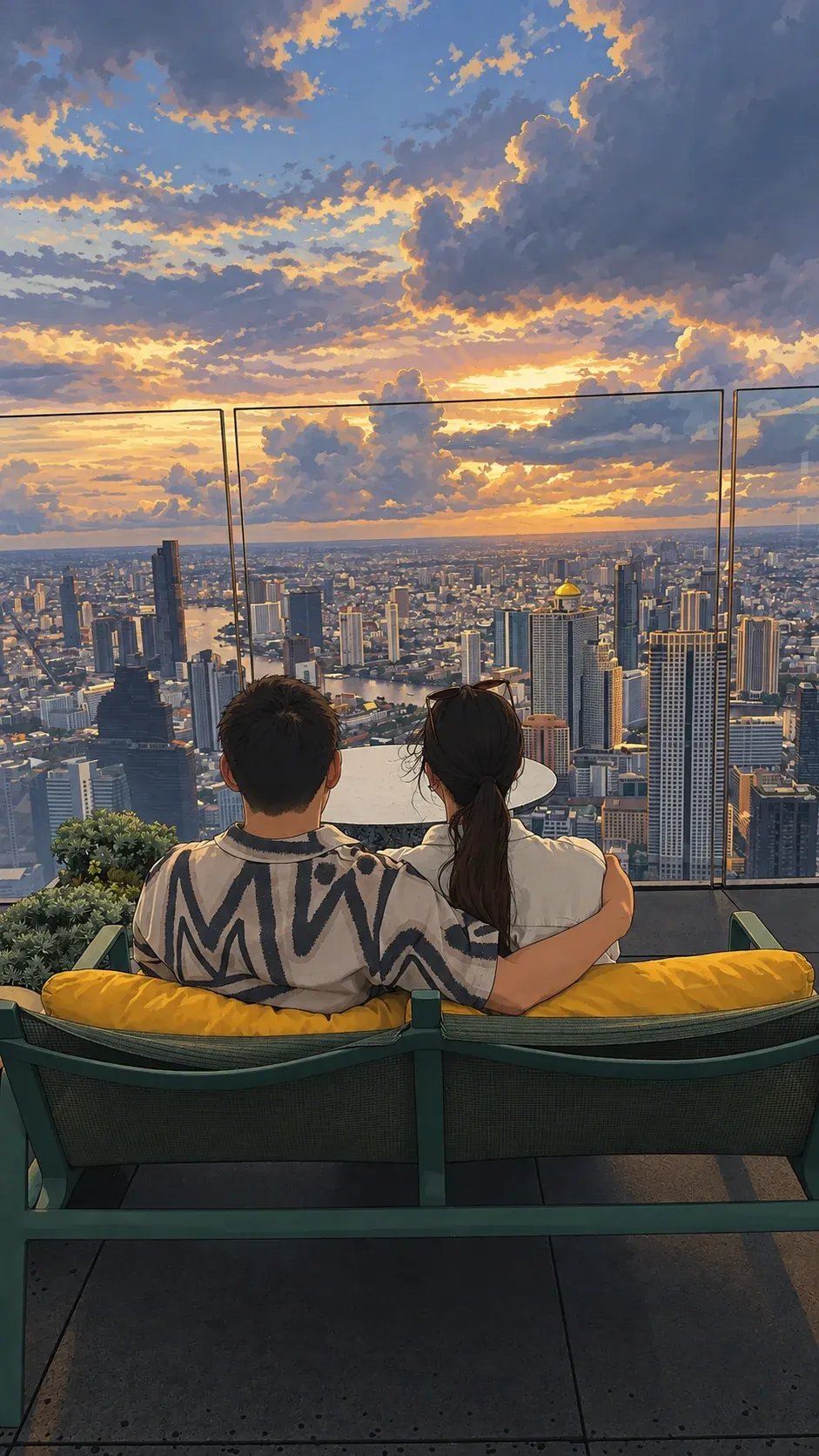Two people photographed from behind on a terrace overlooking Bangkok.
