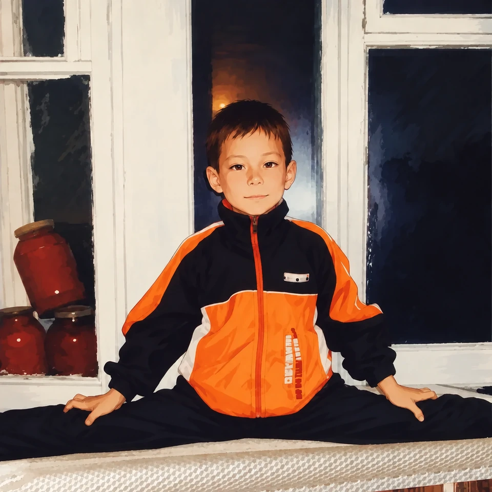 Sagi at seven. A childhood photograph of Sagi in an orange and black tracksuit.