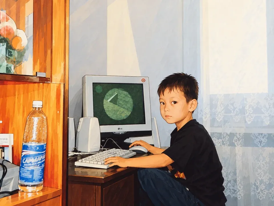 Sagi at seven. A childhood photograph at a computer with a CRT monitor.