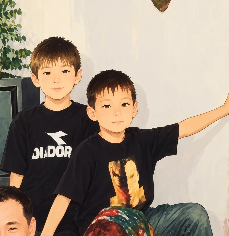 Sagi at seven. A childhood photograph with friends at home.