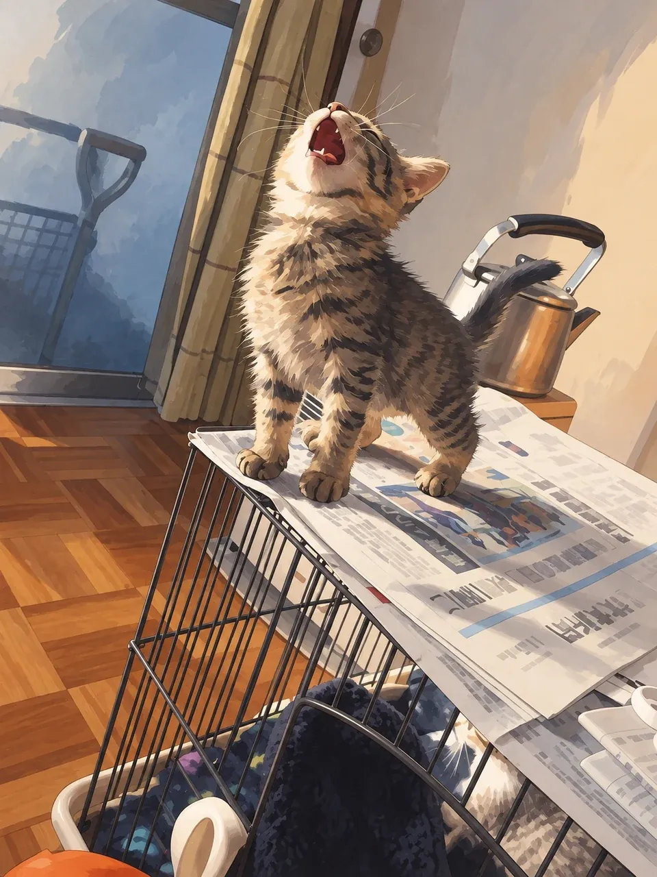 A yawning kitten on a newspaper, photographed during the freelance years.