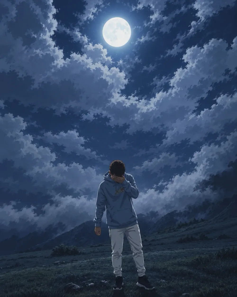 In a light hoodie against a mountain slope, mist and sunlight.
