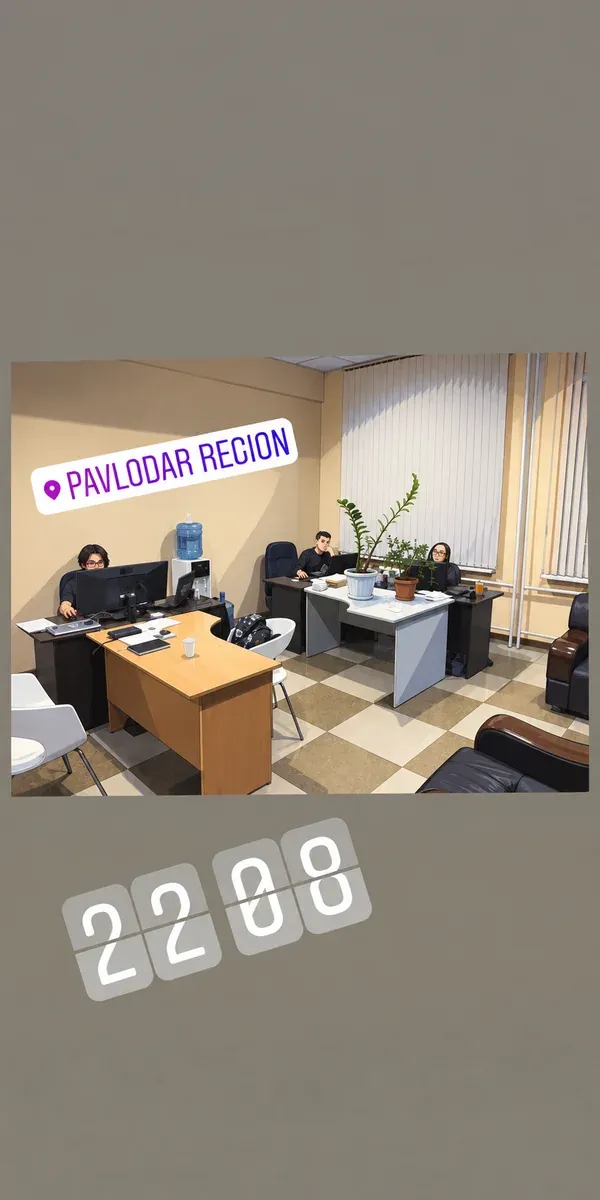 An office with work desks. The story is labelled Pavlodar Region and 22:08.