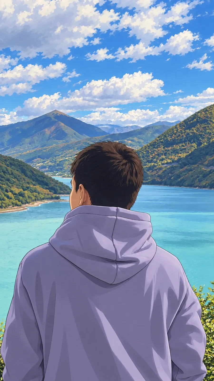 Sagi in a lavender hoodie looking out over a mountain lake.
