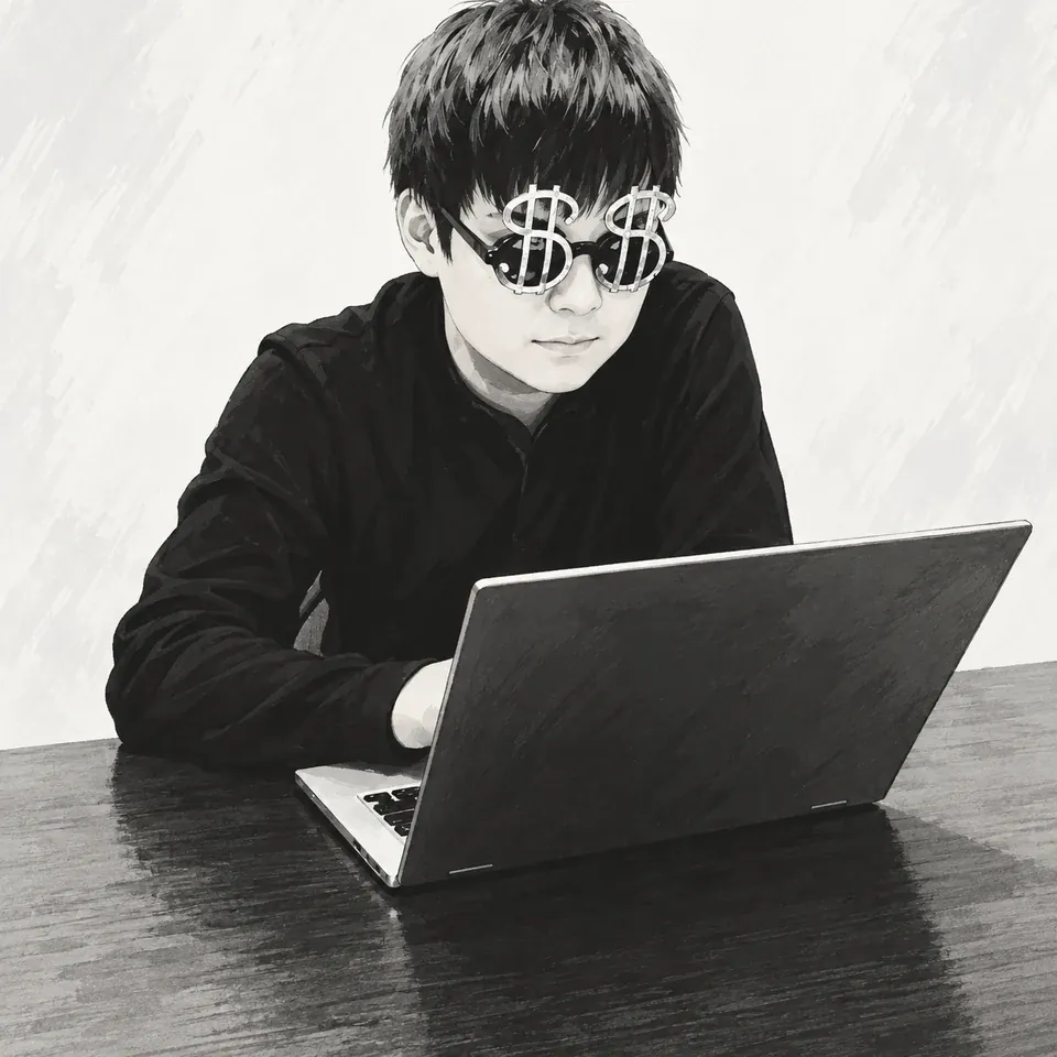 A black-and-white portrait of Sagi at a laptop wearing dollar-sign sunglasses.