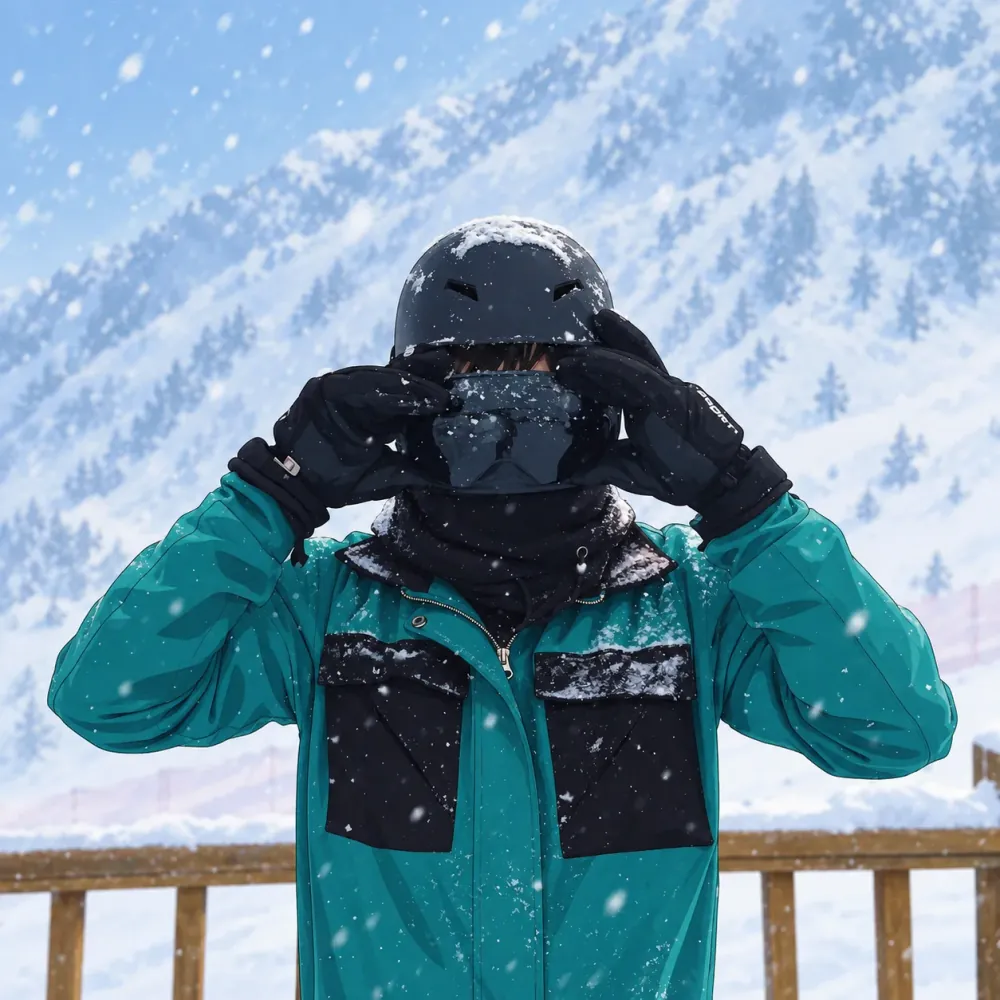 A person in a teal jacket, helmet and ski goggles in the snow.