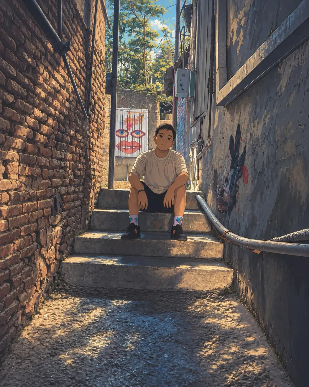 On city steps.