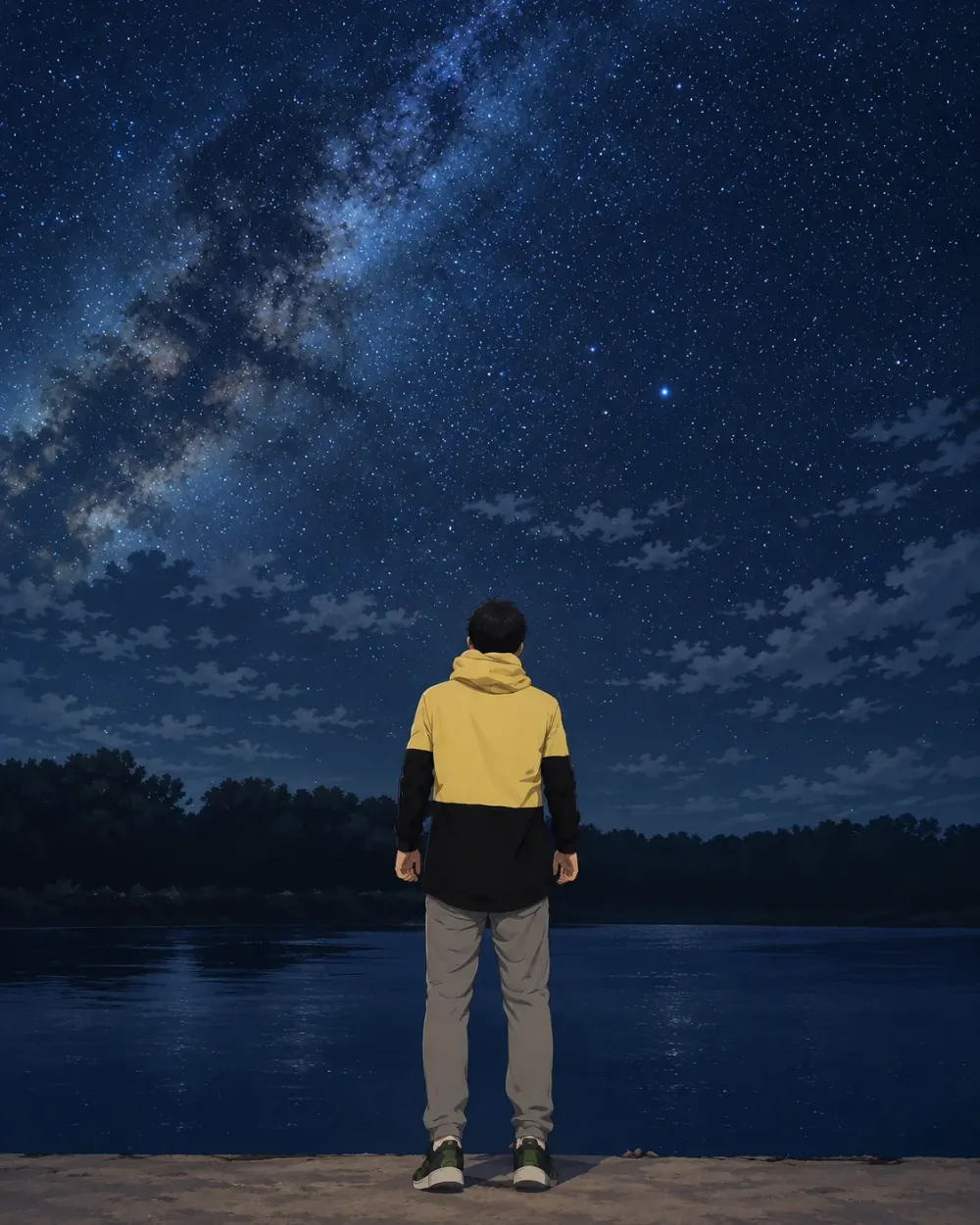 Under the night sky.