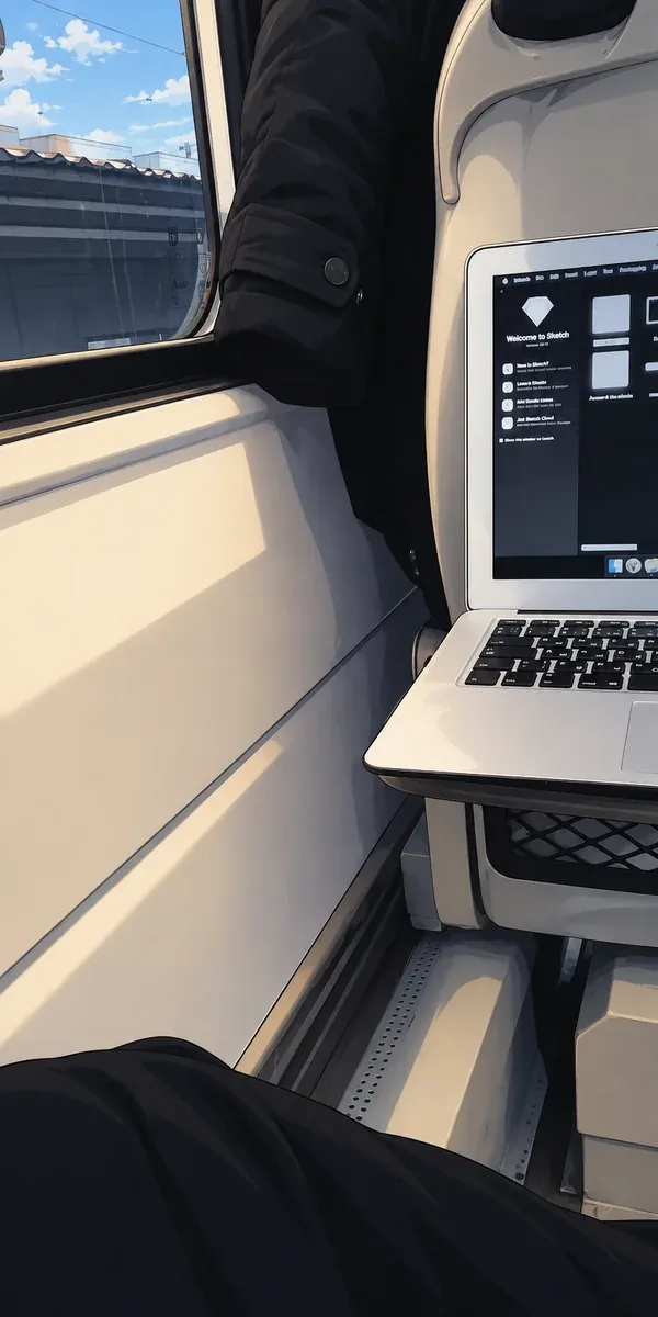 A MacBook with Sketch open inside a train carriage.