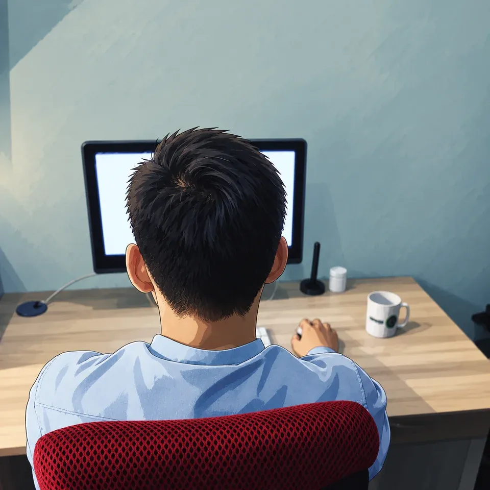 Working at a computer, photographed from behind.